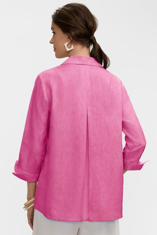 Back view of the Agnes Solid Linen Blend 3/4 Sleeve Shirt featuring the deep back pleat #color_cosmo pink