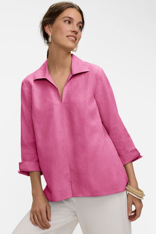 Front view of a model wearing the Agnes Solid Linen Blend 3/4 Sleeve Shirt
#color_cosmo pink
