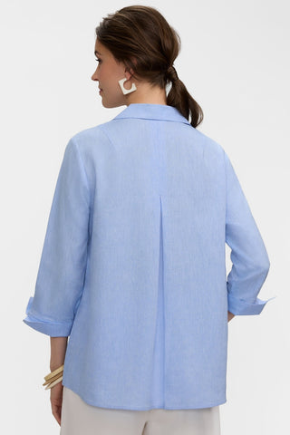 Back view of the Agnes Solid Linen Blend 3/4 Sleeve Shirt featuring the deep back pleat #color_powder blue