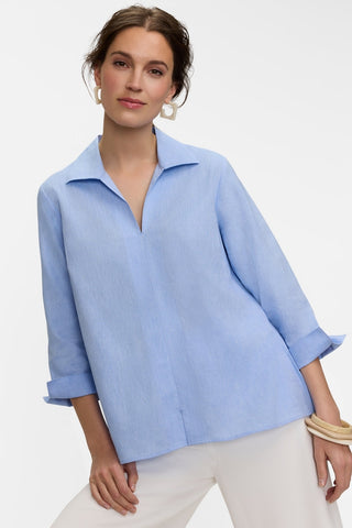 Front view of a model wearing the Agnes Solid Linen Blend 3/4 Sleeve Shirt #color_powder blue
