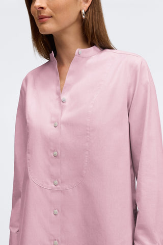Front tuxedo bib of the Kris long sleeve tunic in #color_chambray pink
