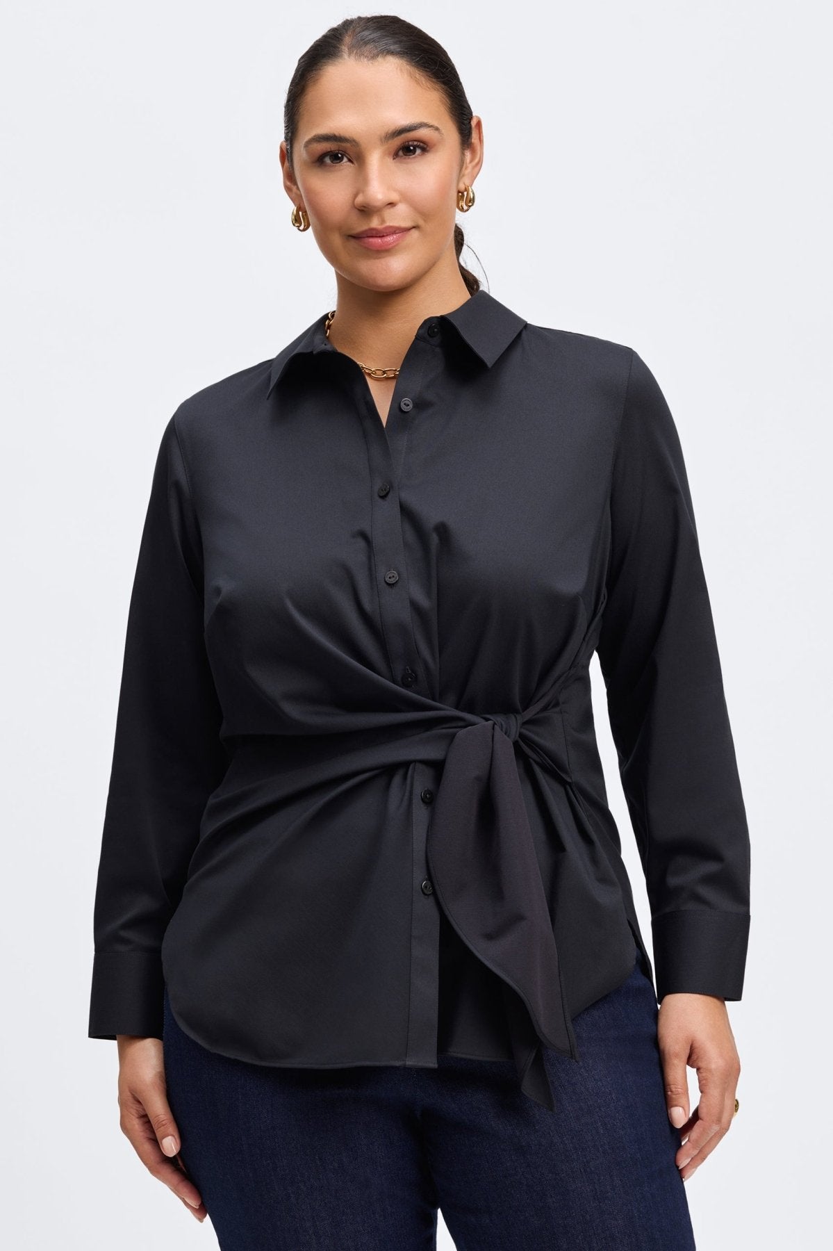 Sabine Plus No Iron Stretch Matte Sateen Tie Long Sleeve Shirt