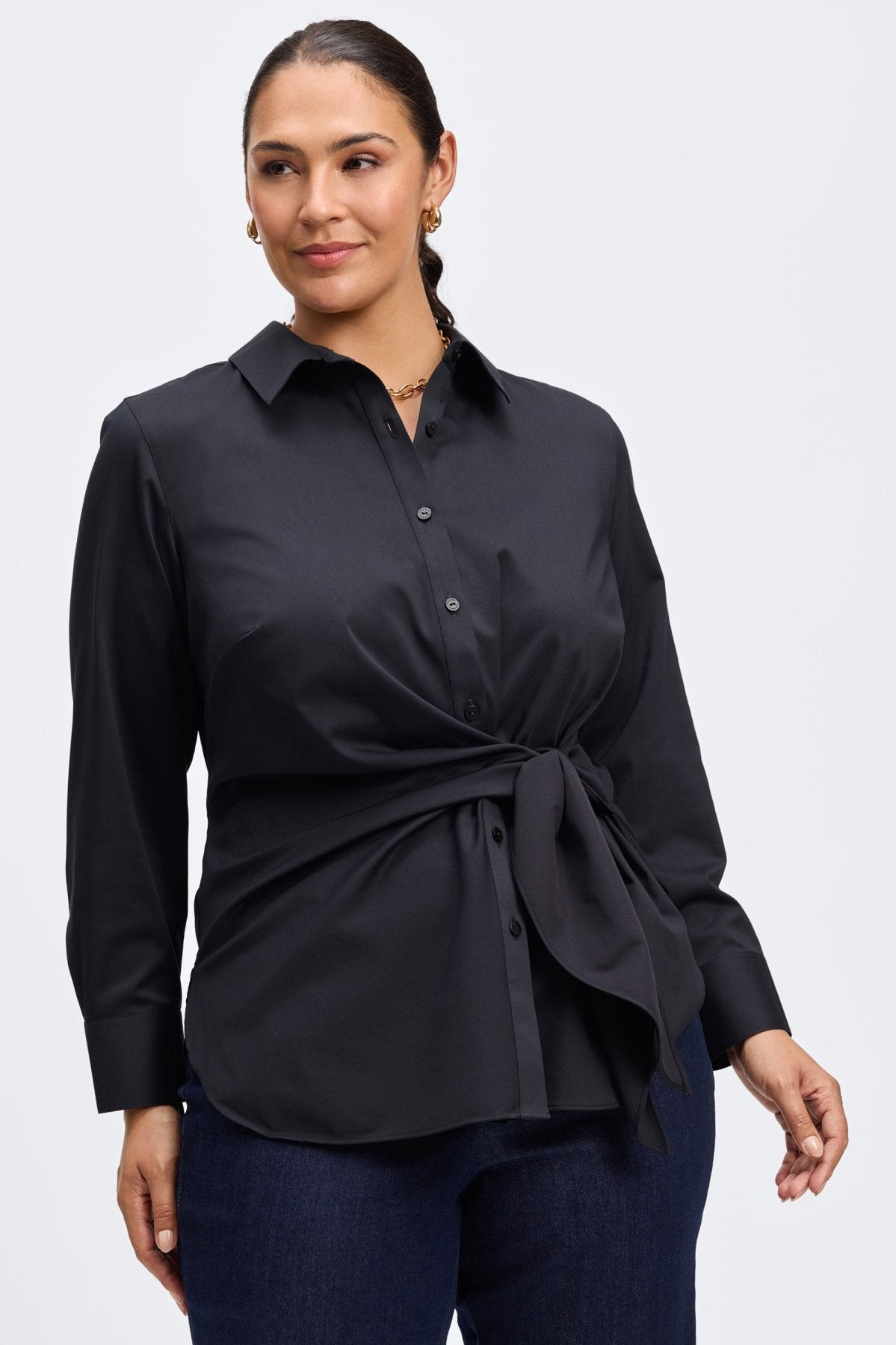 Sabine Plus No Iron Stretch Matte Sateen Tie Long Sleeve Shirt