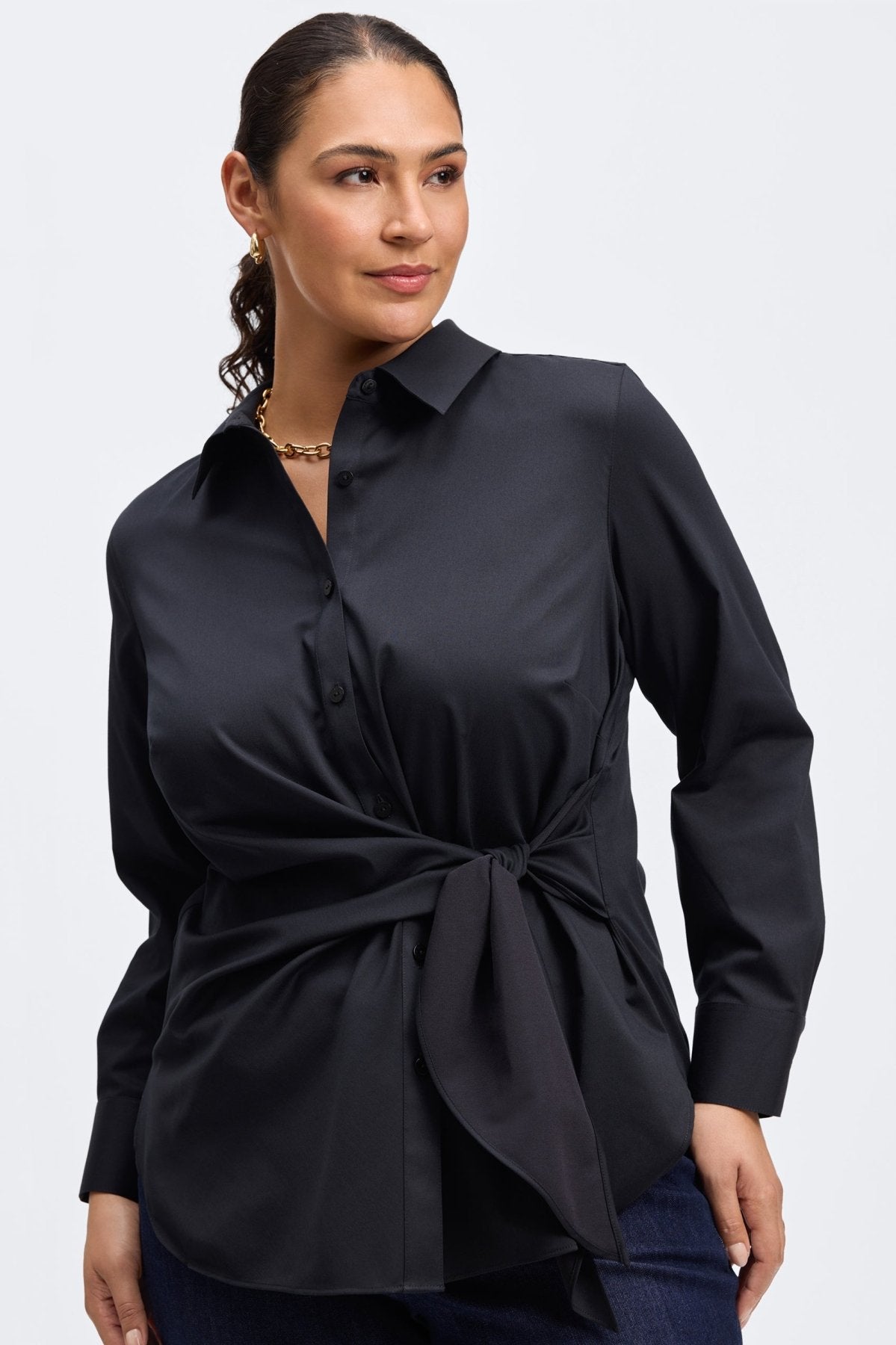 Sabine Plus No Iron Stretch Matte Sateen Tie Long Sleeve Shirt