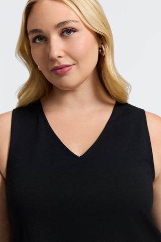 Close up of the flattering v-neck on the Callie Plus Knit Crepe Reversible Sleeveless Tank #color_black