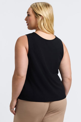 Back view of the Callie Plus Knit Crepe Reversible Sleeveless Tank with a classic scoop back #color_black