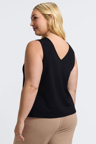 Back view of the Callie Plus Knit Crepe Reversible Sleeveless Tank with the v-cut plunging on the back #color_black