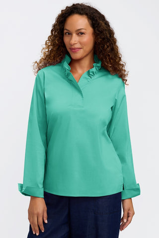 Front view of a woman wearing the Tammy No Iron Stretch Long Sleeve Popover Shirt #color_biscay green