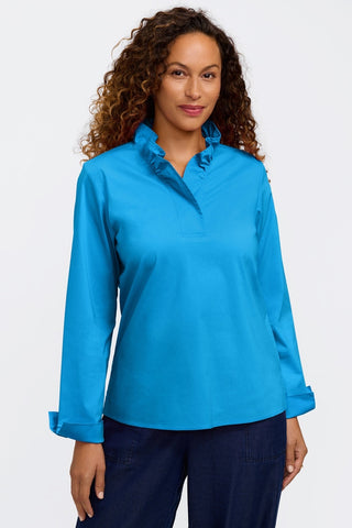 Front view of a woman wearing the Tammy No Iron Stretch Long Sleeve Popover Shirt #color_malibu blue