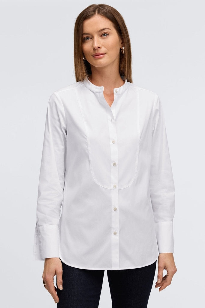Foxcroft Kris Wrinkle Free No-Iron Pinpoint Tuxedo Bib Long Sleeve Tunic Chambray Pink / M Foxcroft Kris Wrinkle Free No-Iron Pinpoint Tuxedo Bib Long Sleeve Tunic Chambray Pink / M