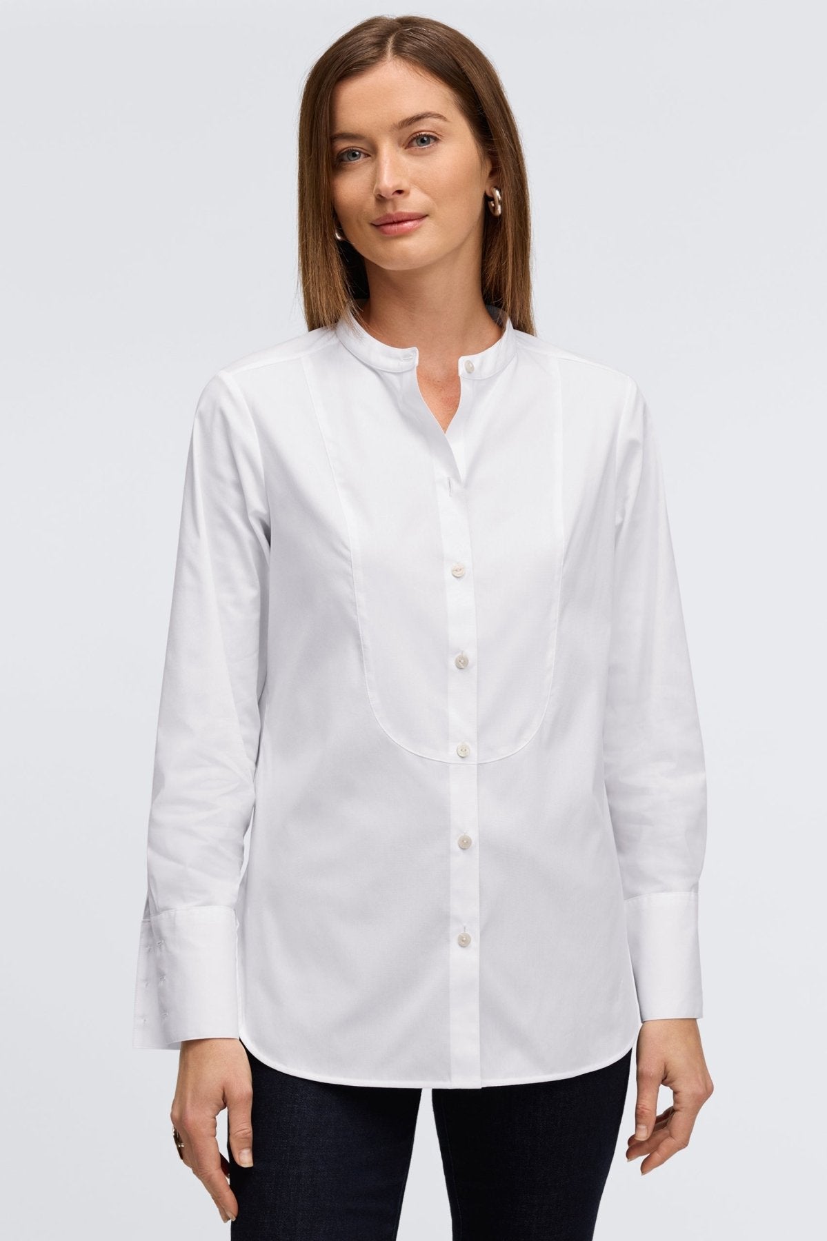 #color_white Foxcroft no-iron white shirt featuring tailored cuffs, styled for modern wrinkle free fashion.