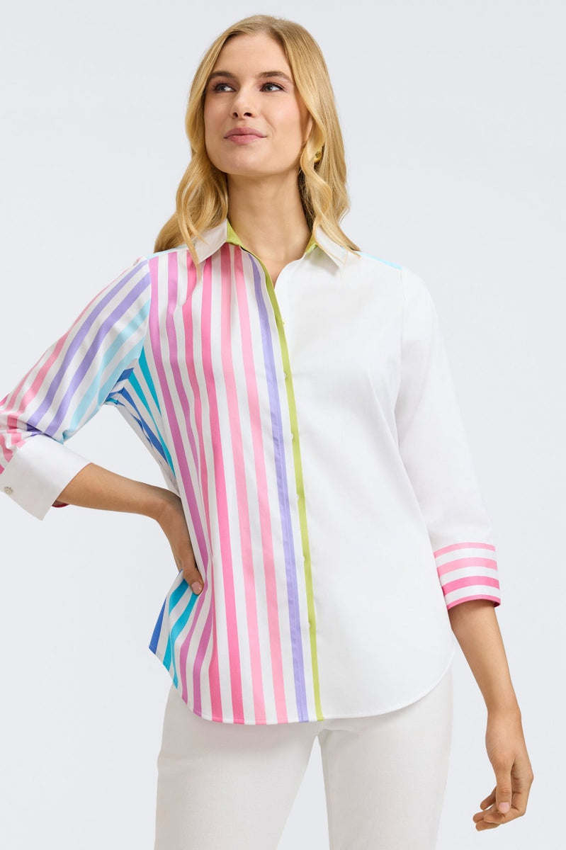 Charlie No Iron Stretch Ombré Stripe 3/4 Sleeve Shirt- Foxcroft