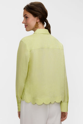 Back view of model wearing the Scarlett Solid Linen Long Sleeve Shirt
showing the scalloped hem of the shirt #color_limoncello