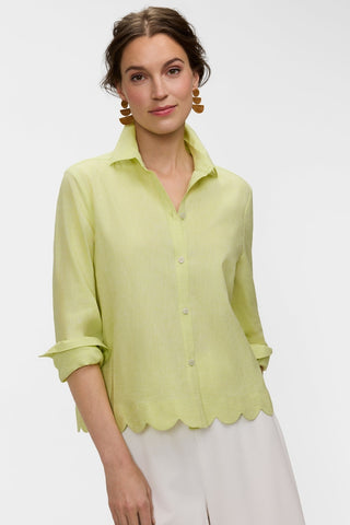 Front view of model wearing the Scarlett Solid Linen Long Sleeve Shirt
with the sleeves rolled to her elbows #color_limoncello