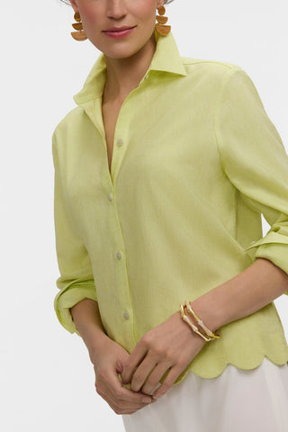 Angled front view of the Scarlett Solid Linen Long Sleeve Shirt with rolled sleeves #color_limoncello