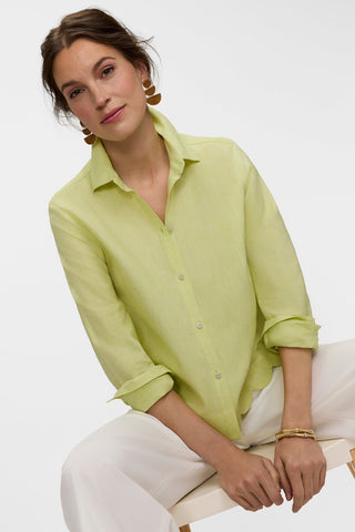 Front view of model sitting on stool wearing the Scarlett Solid Linen Long Sleeve Shirt #color_limoncello