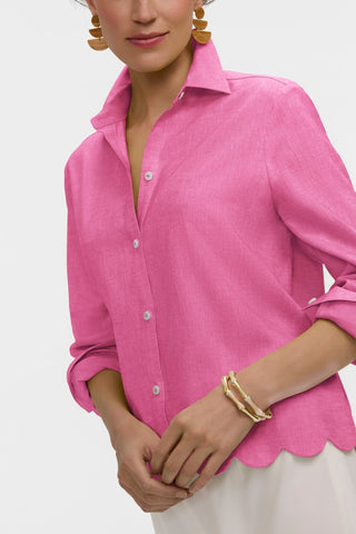 Angled front view of the Scarlett Solid Linen Long Sleeve Shirt highlighting the soft linen blend of the shirt #color_cosmo pink