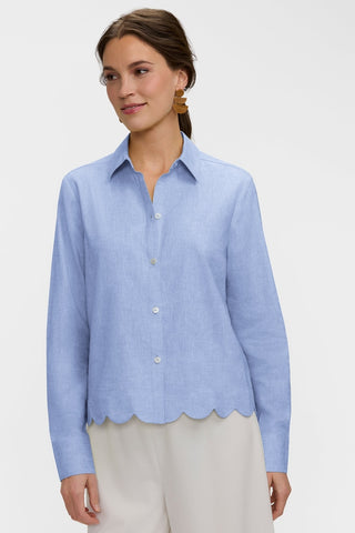 Front view of model wearing the Scarlett Solid Linen Long Sleeve Shirt with unrolled sleeves #color_powder blue
