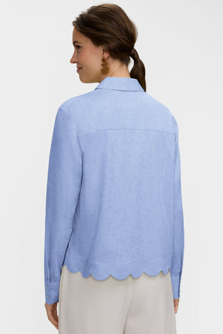Back view of model wearing the Scarlett Solid Linen Long Sleeve Shirt #color_powder blue