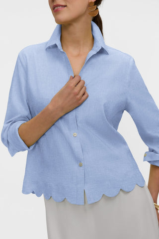 Zoomed in front view of the Scarlett Plus Solid Linen Blend Long Sleeve Shirt
showing off the linen fabric and scalloped hem 