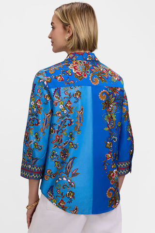 Back view of the Margaret Jacobean Floral 3/4 Sleeve Shirt worn untucked 