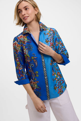 Angled front view of the Margaret Jacobean Floral 3/4 Sleeve Shirt with the sleeves folded back 