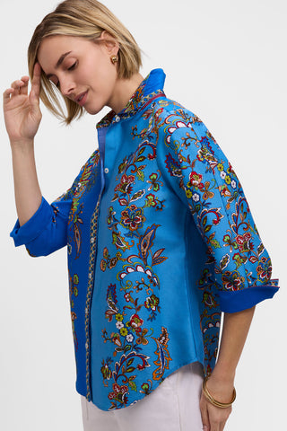 Side view of the Margaret Jacobean Floral 3/4 Sleeve Shirt showing the flow of the pattern across the shirt 