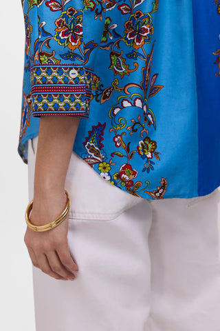 Close up on the patterned cuff of the Margaret Jacobean Floral 3/4 Sleeve Shirt for a refined finish 