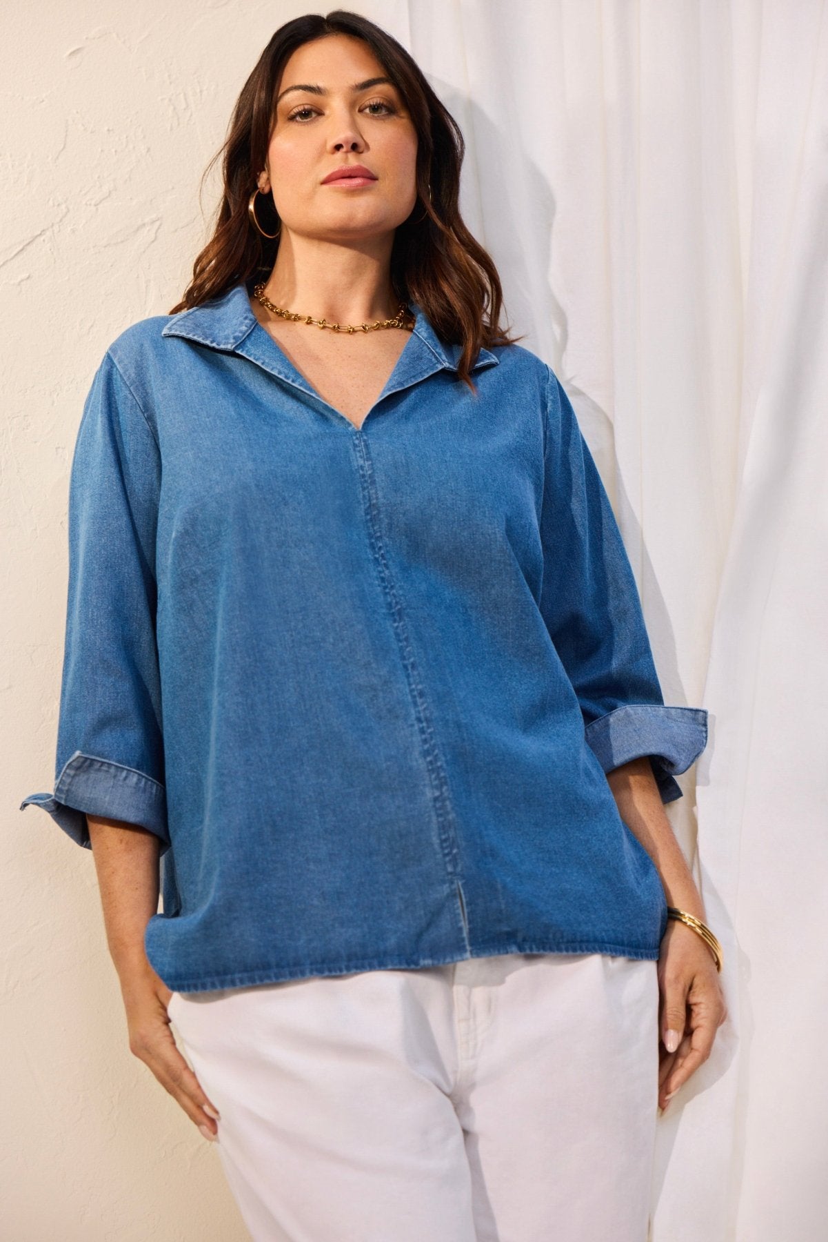 Agnes Plus Tencel® Denim 3/4 Sleeve Popover Shirt