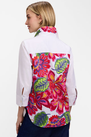Back view of the Meghan Paradise Blooms 3/4 Sleeve Shirt with unrolled sleeves 