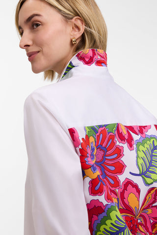 Close up of the pattern featured beneath the collar of the Meghan Paradise Blooms 3/4 Sleeve Shirt
