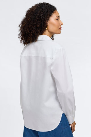 Angled back view of a women wearing the Meghan No Iron Pinpoint Long Sleeve Shirt #color_white