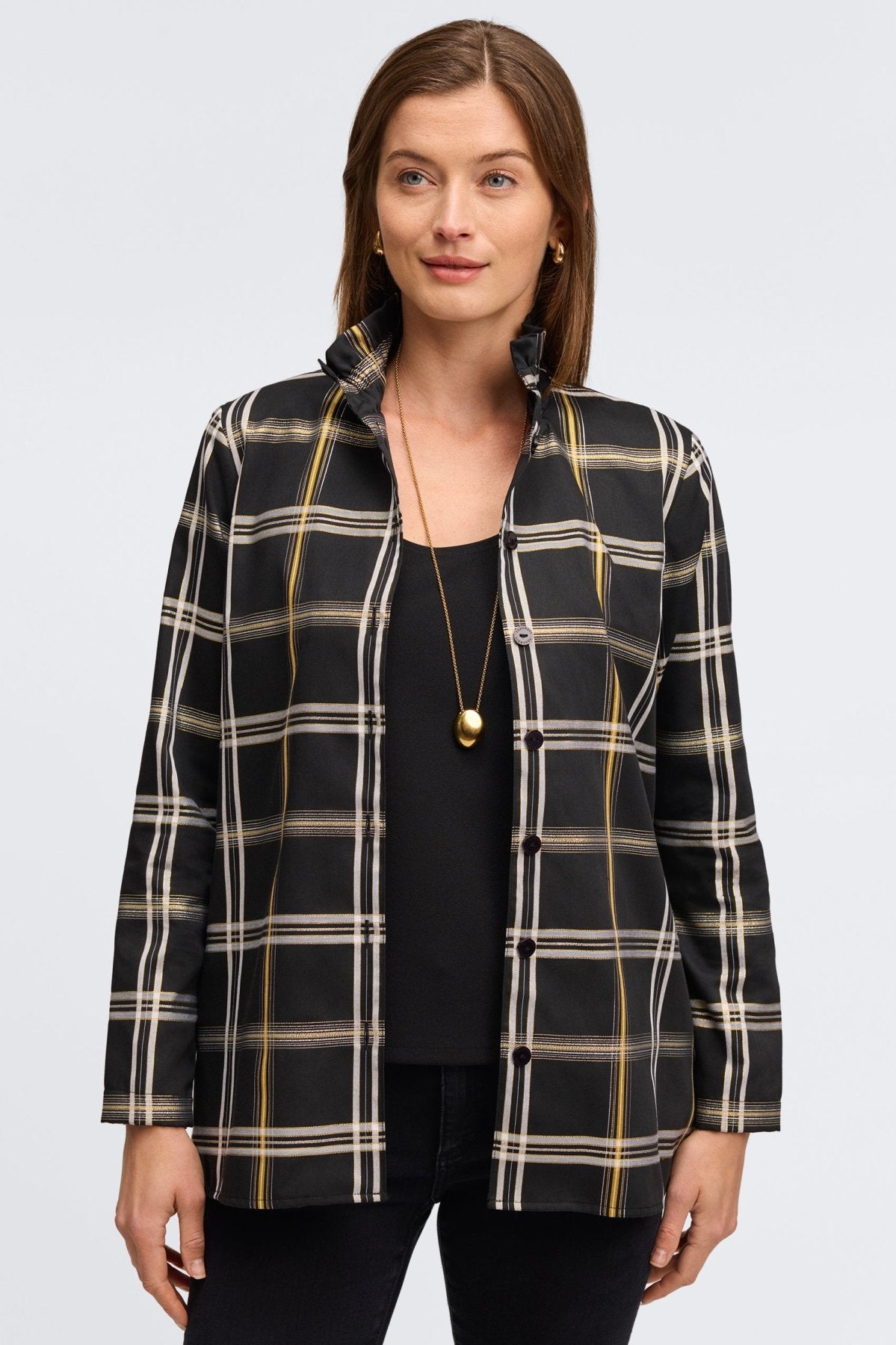 Carolina Gold & Silver Lurex Plaid Long Sleeve Shirt Jacket