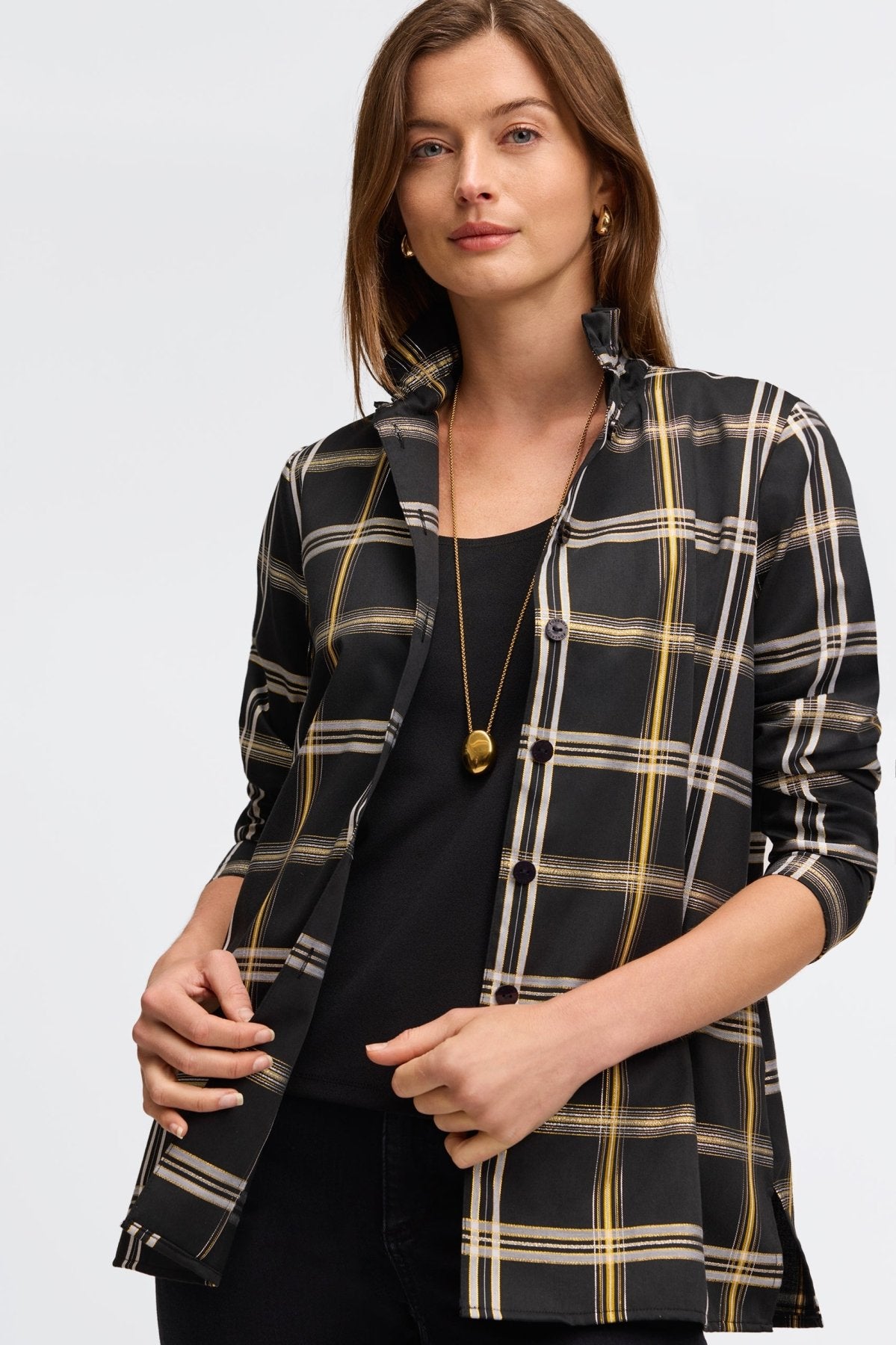 Carolina Gold & Silver Lurex Plaid Long Sleeve Shirt Jacket