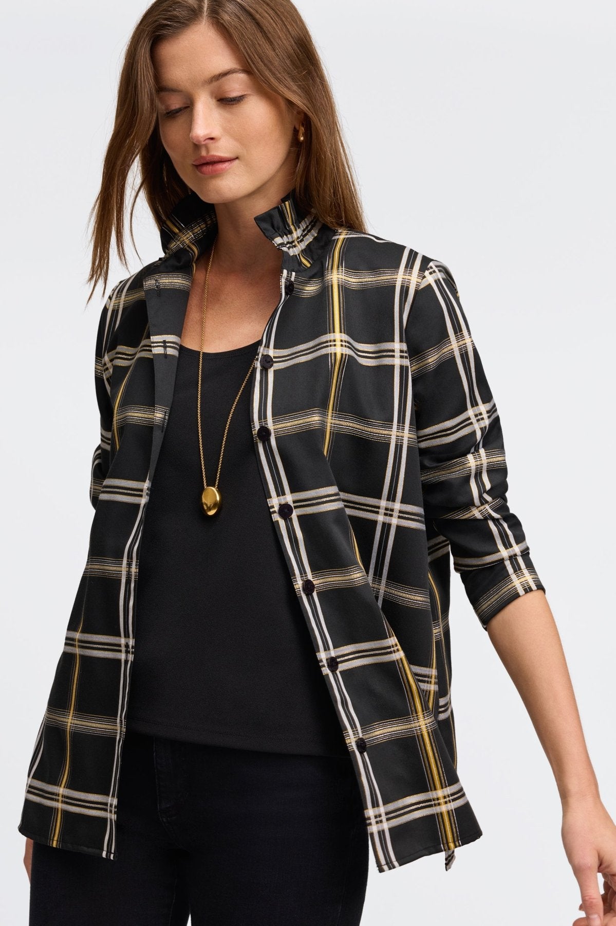 Carolina Gold & Silver Lurex Plaid Long Sleeve Shirt Jacket