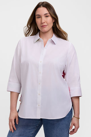 Front view of the plain white front of the Meghan Plus Paradise Blooms 3/4 Sleeve Shirt