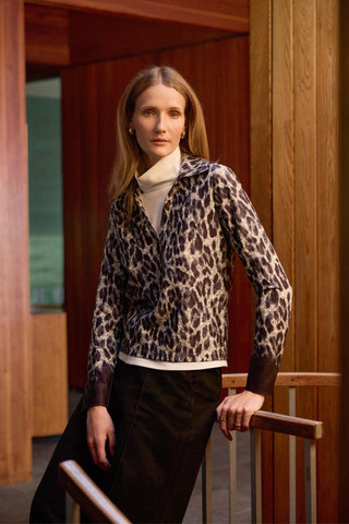 Talia Midnight Cheetah Knit Crepe Long Sleeve Polo Top