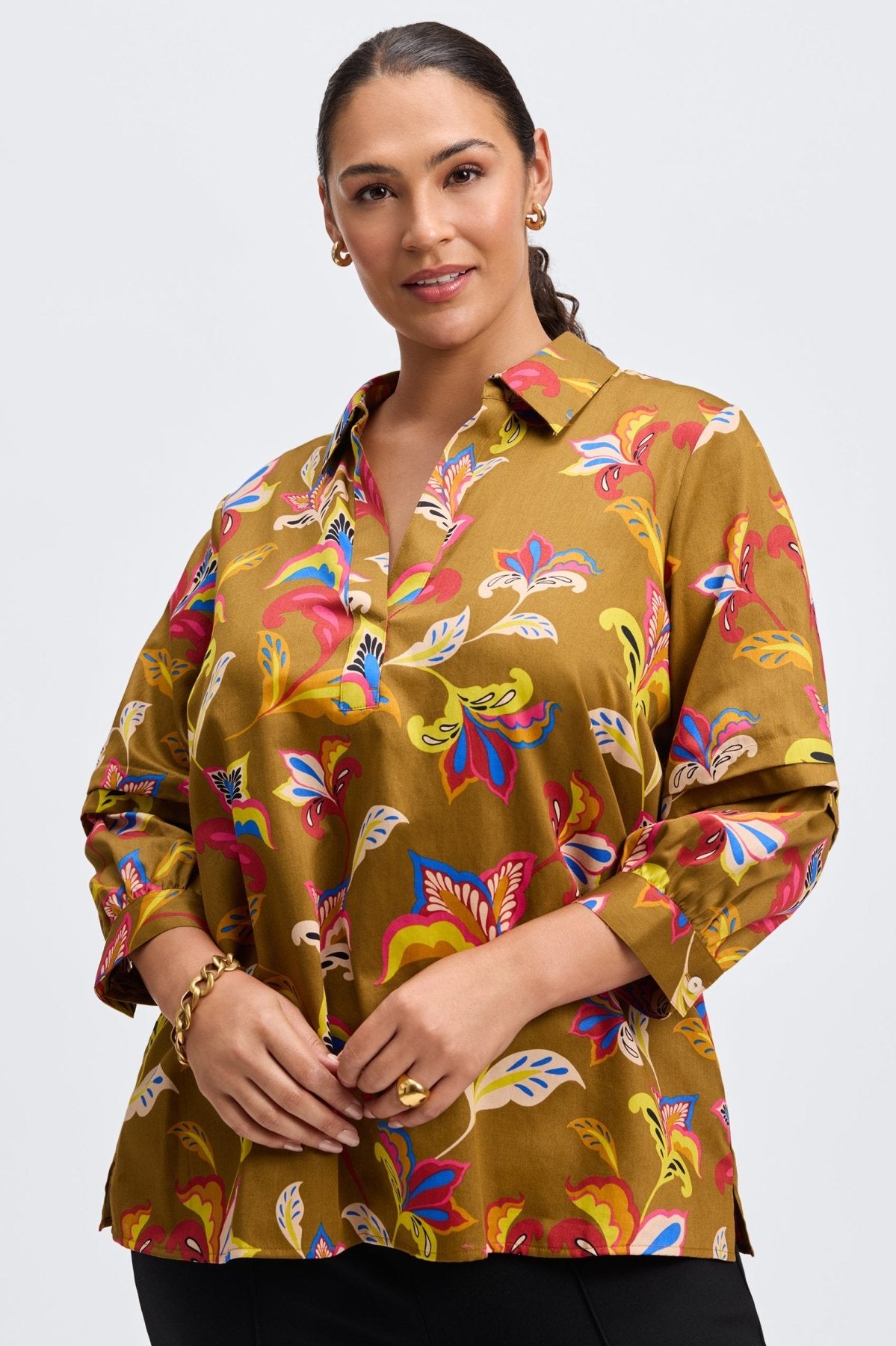 Frankie Plus Stylized Floral Long Sleeve Popover Shirt