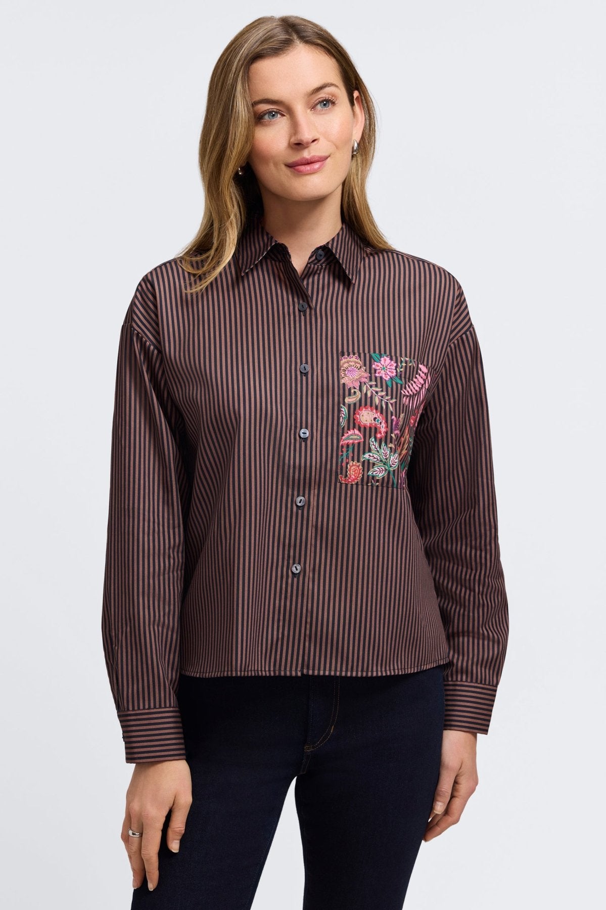 Marina Floral Stripe Long Sleeve Short Shirt