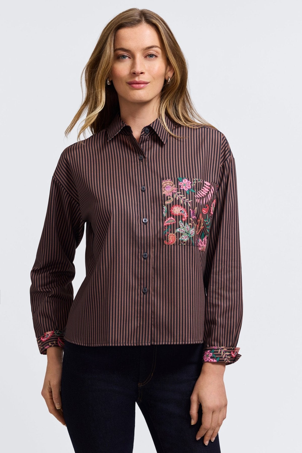 Marina Floral Stripe Long Sleeve Short Shirt