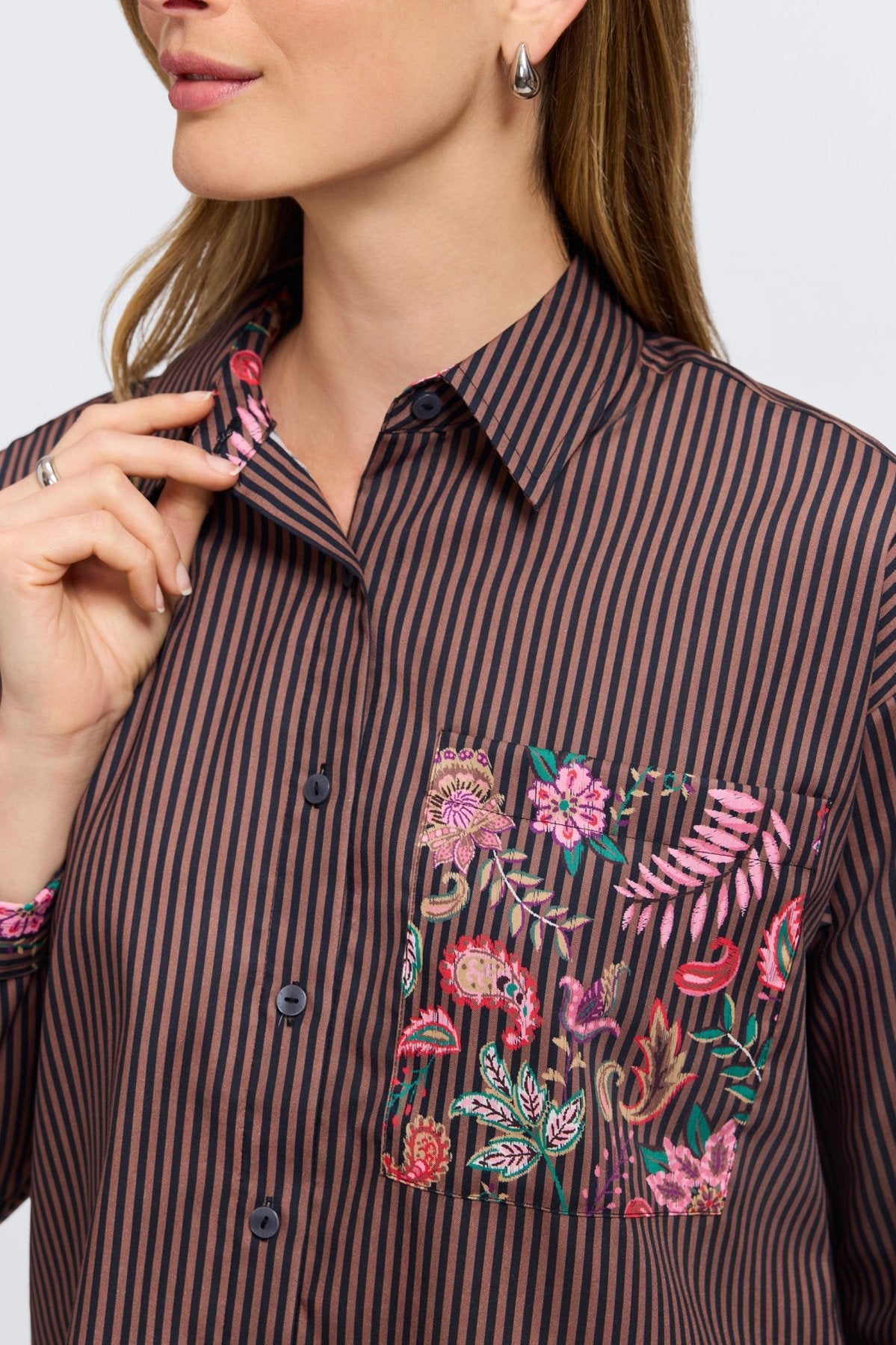 Marina Floral Stripe Long Sleeve Short Shirt