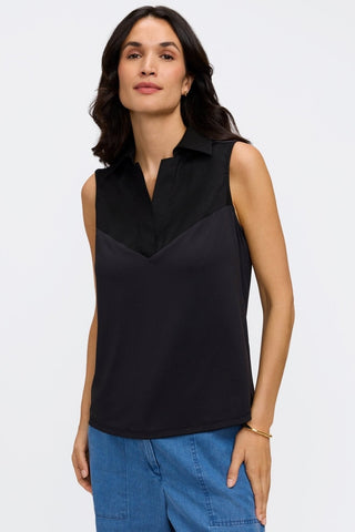Front view of model wearing the Taylor Knit-Woven Sleeveless Layering Tank alone #color_black