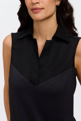 Close up of the woven neckline of the Taylor Knit-Woven Sleeveless Layering Tank #color_black