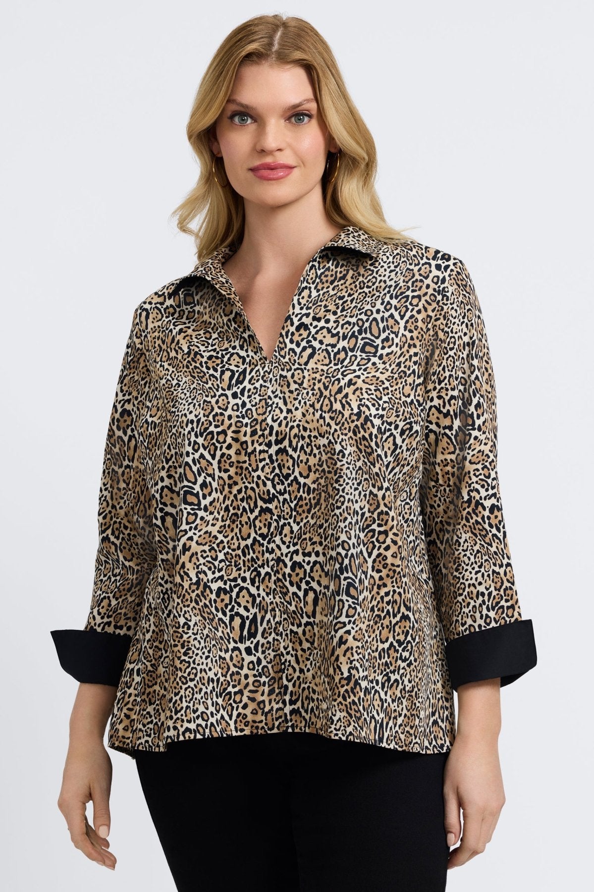 Plus-size Foxcroft Agnes blouse in playful animal print