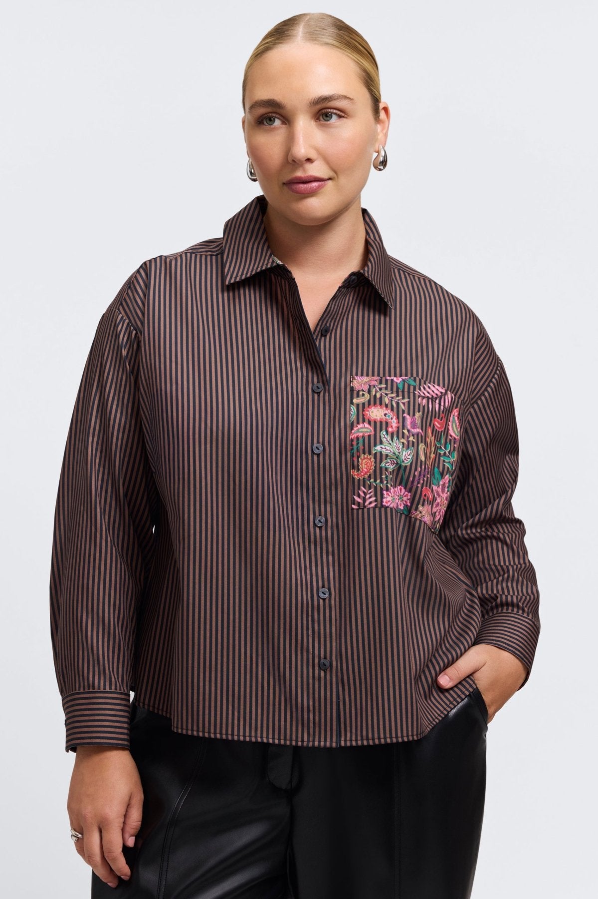 Marina Plus Floral Stripe Long Sleeve Short Shirt