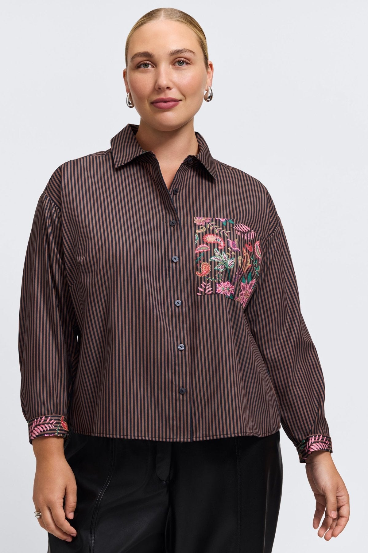 Marina Plus Floral Stripe Long Sleeve Short Shirt