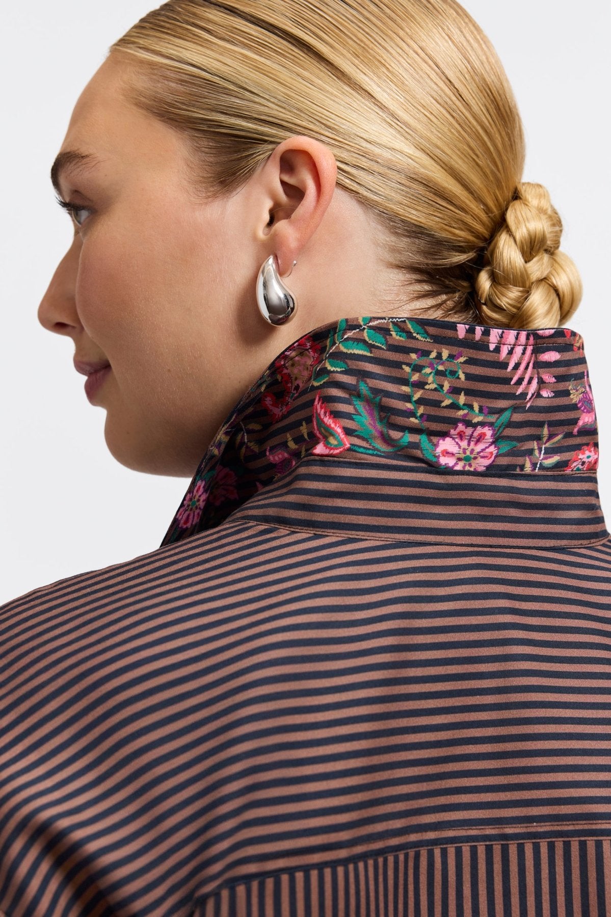 Marina Plus Floral Stripe Long Sleeve Short Shirt