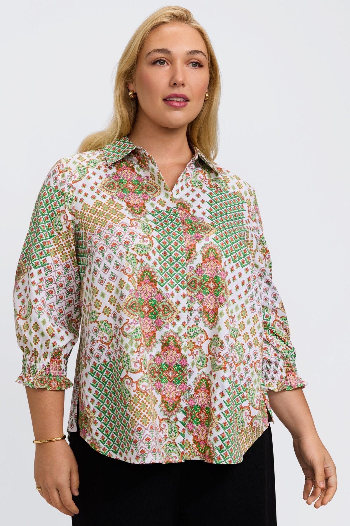 Olivia Plus Patchwork Medallion 3/4 Sleeve Shirt