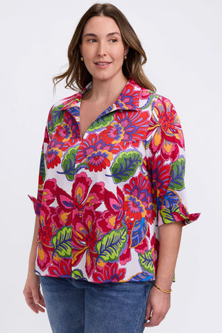 Front view of model wearing the Agnes Plus Paradise Blooms 3/4 Sleeve Shirt with a casual pair of jeans