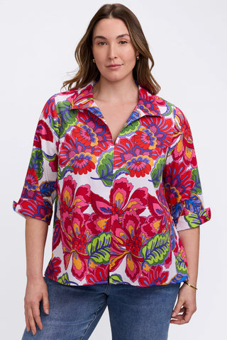 Model wearing the Agnes Plus Paradise Blooms 3/4 Sleeve Shirt showing the deep v neck line and wing collar